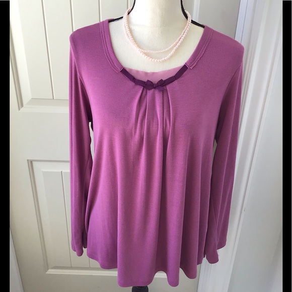 Vera Wang Rose Pink Mesh Bow Accent Pullover Long Sleeve Top Size Large - Picture 1 of 4